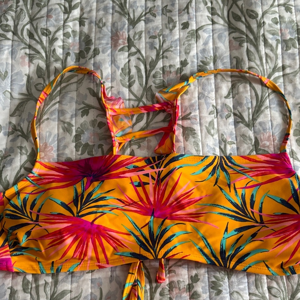 Xhilaration Yellow Tropical Print Bikini Top with Pink & Teal Accents
